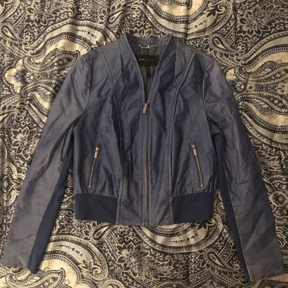 BCBG Maxazria blue leather jacket